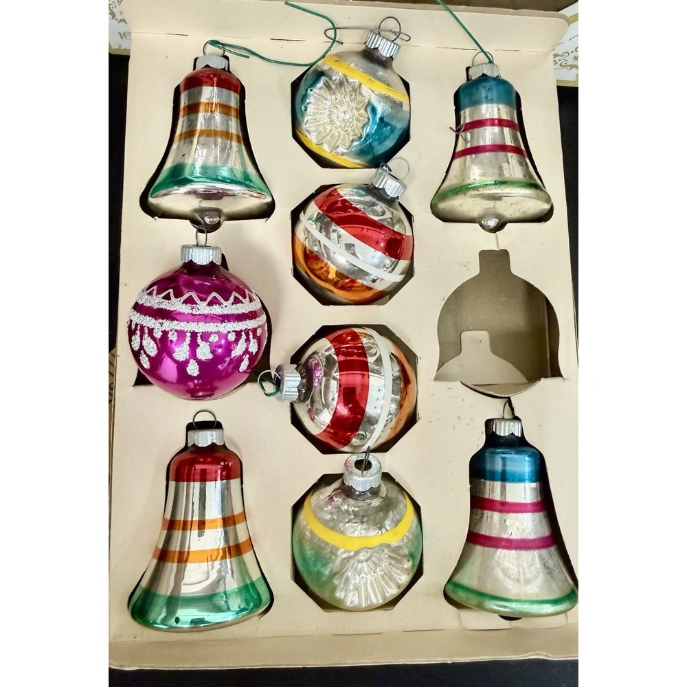 Vintage 1950s Shiny Brite Set 9 Glass Ornaments Striped Balls Bells w/Box Mica